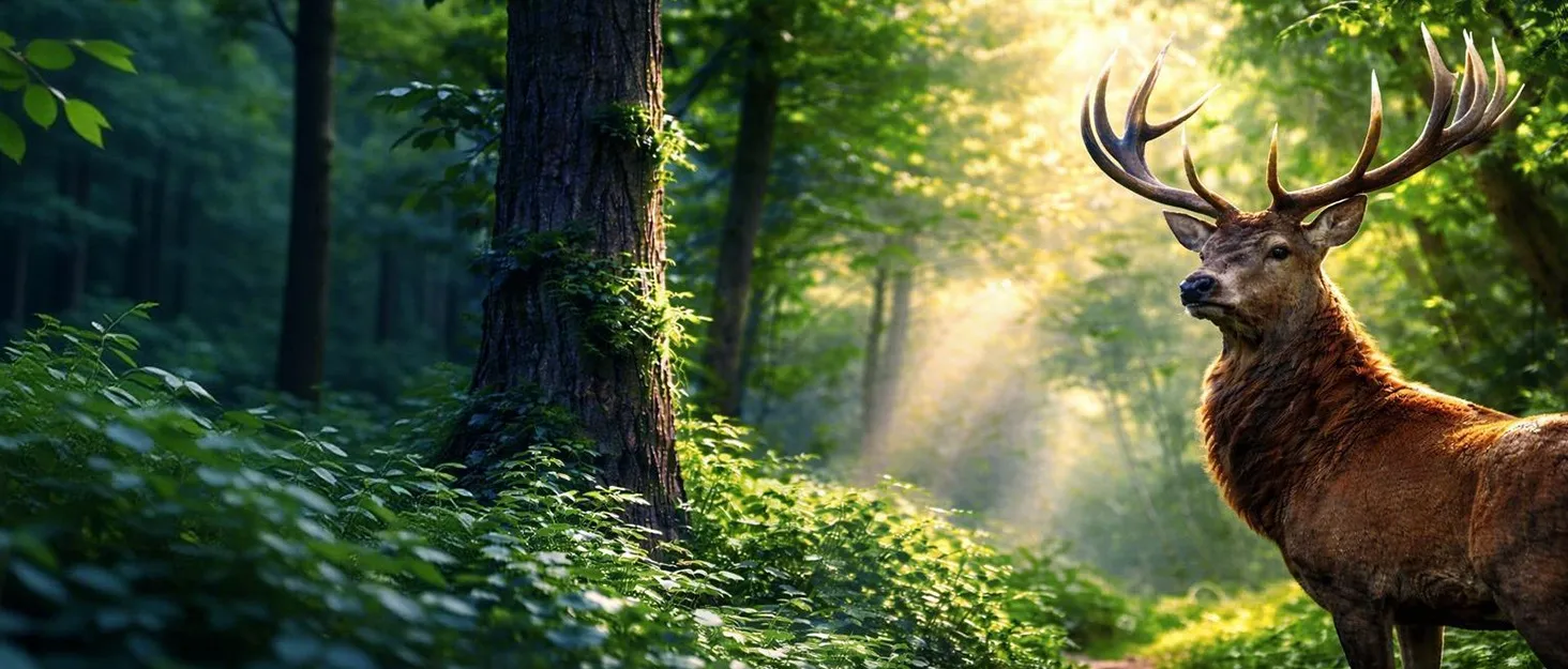 Cervo in una radura del bosco illuminata dal sole